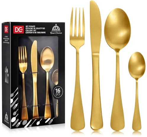 Dc Casa Servizio Posate 16 Pezzi in Acciaio Inox – Set Completo per 4 Persone, Design Raffinato e Moderno (Oro Satinato)