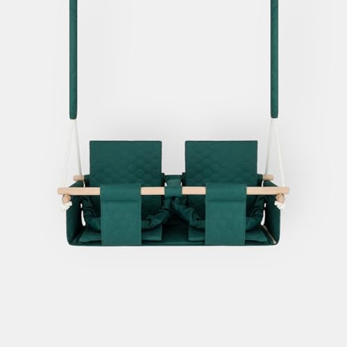 Nid Magique Altalena Gemelli Interno Esterno - Doppio Sedile Sicuro con Cinture - Legno Naturale - da 9 Mesi a 4 Anni - Carico 30kg - Verde