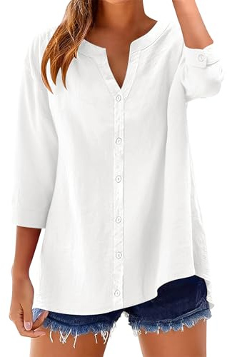 RAPBIN Womens Tops 3/4 Sleeve Cotton Linen Button Down Loose Fit Blouse