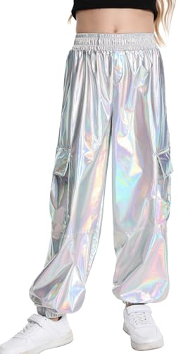Happy Cherry - Pantalones de Cargo Metálico Brillante Niña Niño Jogger Pantalón de Chándal Hip-Hop Estilo Callejero Infantil Adolescente con Cintura Elástica y Bolsillos - 140-146 - Plata
