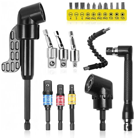 Pmueuff 20 Piezas Atornillador Angular, 105 ° Adaptador Adaptador de Destornillador Angular Set, Destornillador Angular Flexible, 1/4 de Pulgada Broca de Ángulo Recto Flexible Transmisión Angular