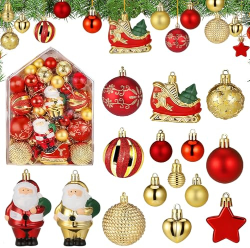 72 Pièces Boules de Noël, Boules de Noël décoratives, Boules décoratives en Plastique incassables, Rouge et Doré Décorer Sapin de Noël, Boules de Noel à Suspendre pour Intérieure ou Extérieure