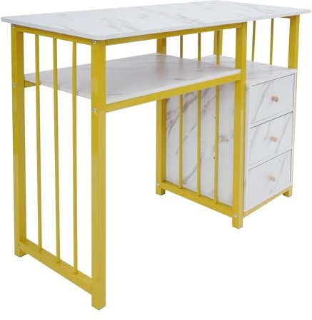 QIERF Mesa de manicura, escritorio con 3 cajones, escritorio para ordenador 100 x 40 x 76 cm para salón, oficina, salones de uñas y salones de belleza, color dorado y blanco