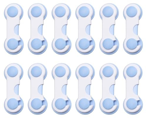 KEWUF Cierre Seguridad Cajones Bebe, Seguridad Puertas Niños, Protección Bebés Casa, No Requiere Taladrar, Apto para Armarios, Cajones, Roperos, Frigoríficos (12 Unidades, Color Azul, 9,5 x 3,6 cm)