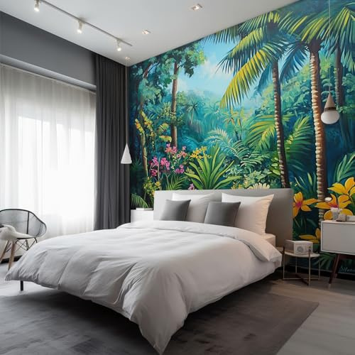 Tropical Jungle Mural Wallpaper, Palm Tree Wallpaper for Bedroom, Living Room, TV Backdrop, Office, 3D Large Wall Mural Non-Woven Wall Paper 350 x 256 cm (WxH) qxf70