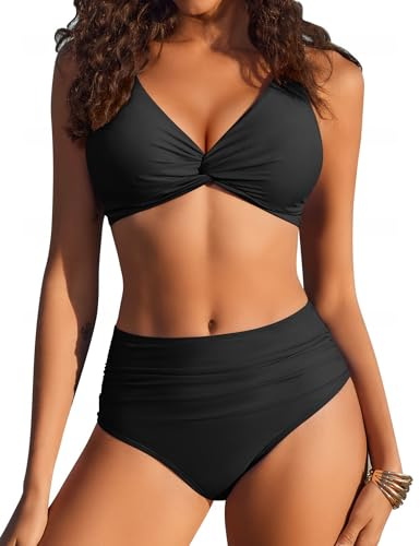 Ekouaer Maillot de Bain Femme 2 Pieces Ensembles Bikini Push Up Taille Haute Sexy Col V Élégant Beachwear Été, Noir, XL