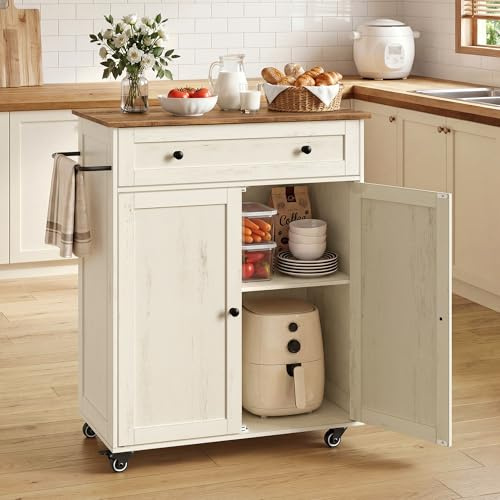 VASAGLE SIREN Collezione - Isola da Cucina con Piano di Lavoro, Carrello con Ruote, Cassetto, Armadietto, Ripiano Regolabile, 40 x 78,5 x 89,2 cm, Bianco Rustico e Marrone Miele KKI009WJ01