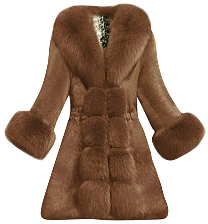 Pälskappa dam elegant, fuskpäls kappa dam lång fleecekappa enfärgad vinterjacka fluffig fuskpäls jacka varm fodrad långärmad ledig kofta mode plyschjacka vindtät rockar, BRUN, 5XL