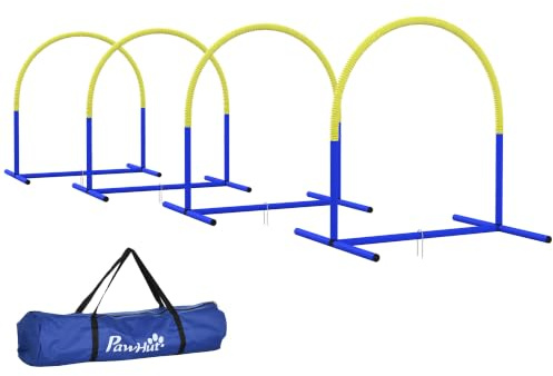 PawHut Set agilité Chiens 4 pièces Bleu+Jaune 88x64x95cm | Set agilité chiens, agilité chiens âgés, entraînement avec sac transport