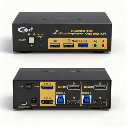 CKL KVM Switch DisplayPort 1.4 8K@30Hz 5K@60Hz 4K@144Hz(2 Computers 2 Monitors)
