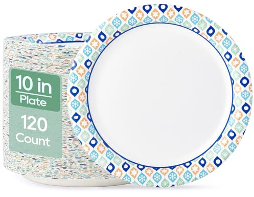 MUCHII Paper Plates 10 Inch, 120 Count Disposable Paper Plates Bulk, Soak and Cut Proof for Party,Picnic, Family Gatherings