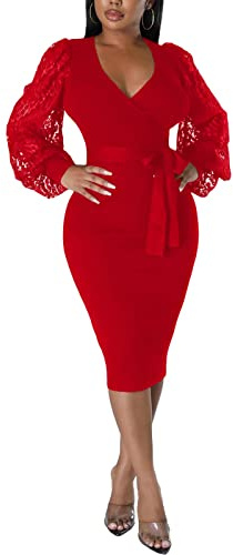 Wedding Guest Dresses for Women V Neck Balloon Sleeve Elegant Bodycon Party Cocktail Dress Red M