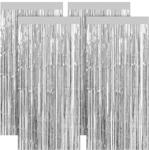 4er Pack Lametta Vorhänge Glitzer - Ajerg Metallic Tinsel Vorhänge Party Deko, Wiederverwendbar Foto Hintergrund Folien Fransen Luftschlangen Deko für Geburtstag, Hochzeit, Disco, Neujahr (Silber)