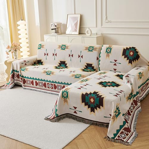 LHGOGO Aztec Style Large Sofa Throw Blanket with Tassels, Reversible High Density Weave Throws for Sofas Loveseats, 3 or 4 Seater Settees and Bed, Extra Thick, Soft and Cozy - 180x340cm(71''134'')