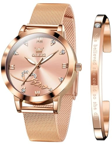 OLEVS Ladies Watches Rose Gold Mesh Strap Fashion Dress Quartz Waterproof Luminous Female Wrist Watches for Women Bracelet Sets