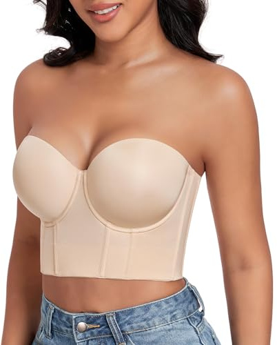 DotVol Women's Non-Slip Strapless Full Coverage Underwire Longline Corset Bustier Bra(Beige,36D)