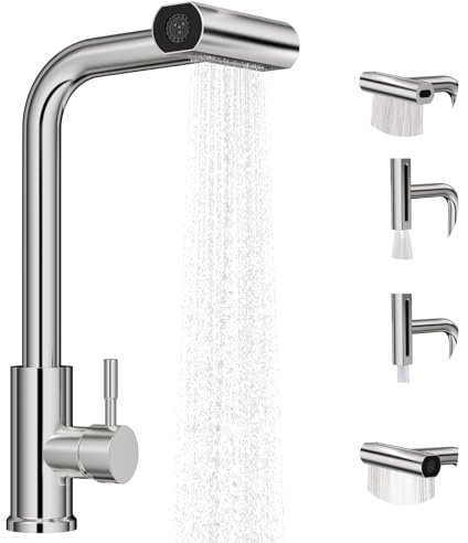 Noxtioanip Grifo Cocina Extraible, Grifo de Cocina Fregadero Waterfall de Alta Presión, Monomando Acero Inoxidable con 4 Modos de Pulverización, Giratorio 360°, Acero Inoxidable, Cromado