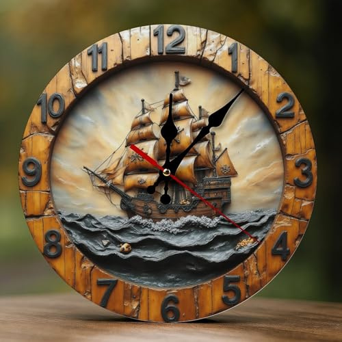 Novastar Decorative Wall Clocks Battery Operated 10 Inch - Modern Wooden Vintage Brown Pirate Ship 2D Print Non Ticking Silent Wall Clocks for Living Room Bedroom Office Hotel Kitchen Bathroom Decor