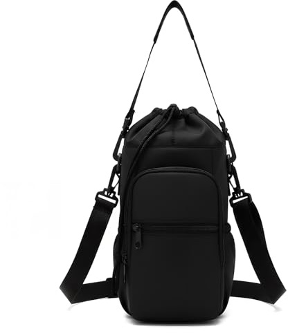 Zimoer Elegante y Práctica Bolsa para Vaso Stanley, Funda Termica Botella Agua, Bolsa para Stanley Cup con Bolsillo para Teléfono y Correa Ajustable, Ideal para Senderismo, Viajes y Camping (Negra)