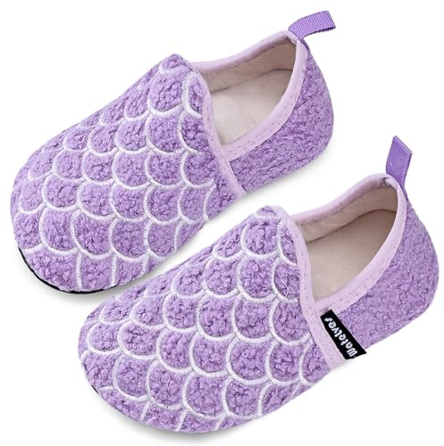 WateLves Slippers Kids Girls Winter Warm Furry Slipper Socks with Non-Slip Sole for Indoor（Purple Fish Scales,34/35）