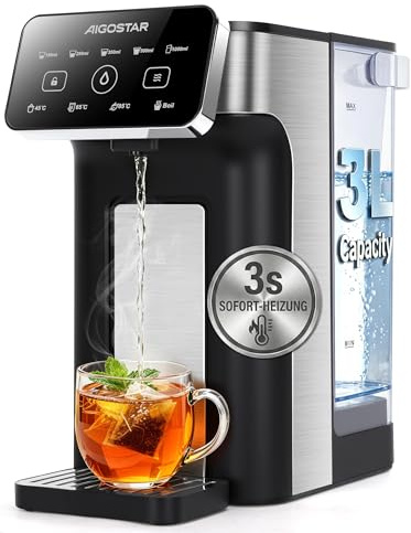 Aigostar 3L Heißwasserspender, 3s Turbo-Aufheizung, 4 Temperaturstufen, 1000ml Schnellausgabe, Instant-Wasserkocher mit temperatureinstellung, LED-Touch, BPA-frei, Filter-Slot, Schwarz