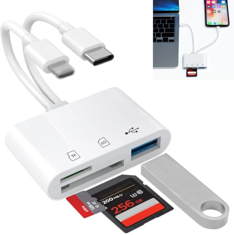 3 in 2 Lettore Schede SD, Adattatore Lettore di Schede SD USB C Lightning, SD Card Reader Compatibile con iPhone/iPad/Macbook/Android, OTG, Adattatore Scheda SD per SD/MicroSD/USB, Plug and Play