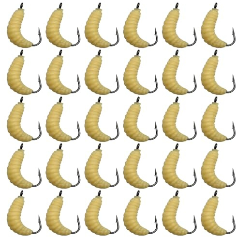 BDEPSTR 30 Pzs Señuelos de Pesca con Anzuelos, Gusano Artificial Suave Amarillo, Cebo Pesca de Plástico para Trucha, Carpa y Salmón, Accesorios de Pesca en Agua Dulce