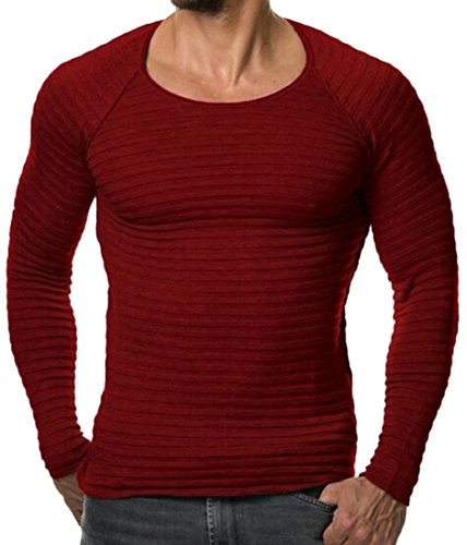 Yayun Yayu - Suéteres de punto fino de manga larga con cuello redondo para hombre, color rojo vino, talla M, rojo vino, M