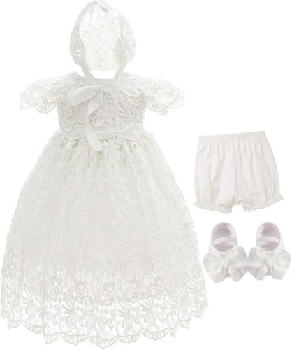 Bow Dream Baby Girls 4Pcs Gown and Bonnet Christening Baptism Dress Lace Baby Dress with Shoes White 12-18 Months