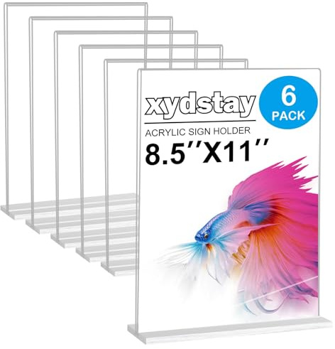 xydstay 6pack Acrylic Sign Holder 8.5 X 11, Vertical T Shape Clear Plastic Sign Holder, Menu Holder, Table Display Stand for Restaurant, Office, School, Store and Home Use