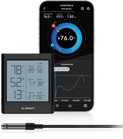 AC Infinity Temperature Humidity VPD Smart Hygrometer B1 with LCD Display & Bluetooth App Monitor, Climate Gauge Thermometer Sensor Probe for Basements, Guitar Rooms, Grow Tents, Greenhouses