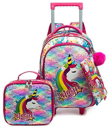 HTgroce Schultasche mit Rollen Mädchen 3 in 1,Rucksack Trolley Rucksack mit Rollen Inklusive Lunchpaket und Federmäppchen, Schulreiseset.