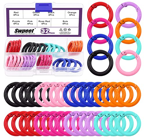 Swpeet 32pcs 8 färger 25mm - 1 tum runda våren O-ringar sortiment kit, kolstål våren nyckelring spänne utlöser runda snap krokar o-ringar för handväska DIY nyckelringar