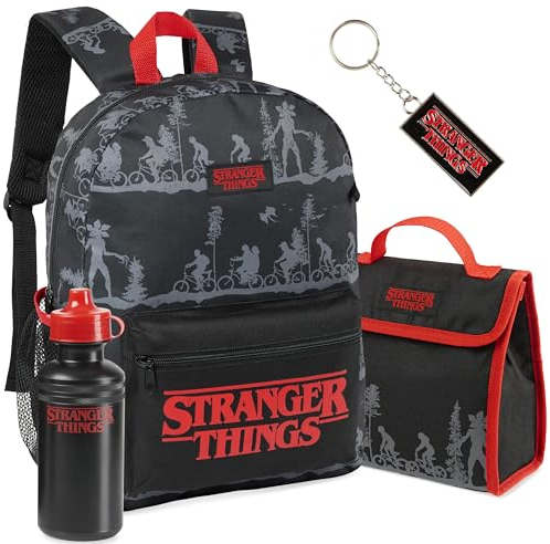Stranger Things Sac à Dos Enfant Set 4 pièces Gourde Sac Repas Isotherme Porte Clés Fournitures Scolaires Idée Cadeau