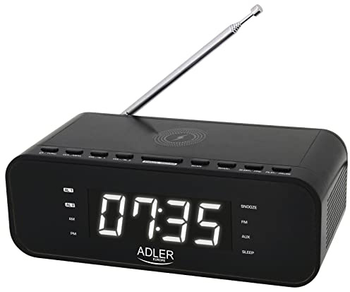 ADLER AD 1192B Radiowecker mit kabellosem Ladegerät Bluetooth 5.0 UKW-Radio 30 Sender Speicher Digitaler Wecker AUX-Eingang Snooze-Funktion Teleskopantenne (Schwarz)