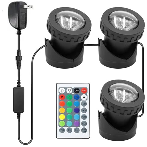 TENSUL Colored Pond Lights with Timer, RGB Weighted Fountain Lights IP68 Waterproof Underwater LED Dimmable Light for Pond Fountain, 3 Lights