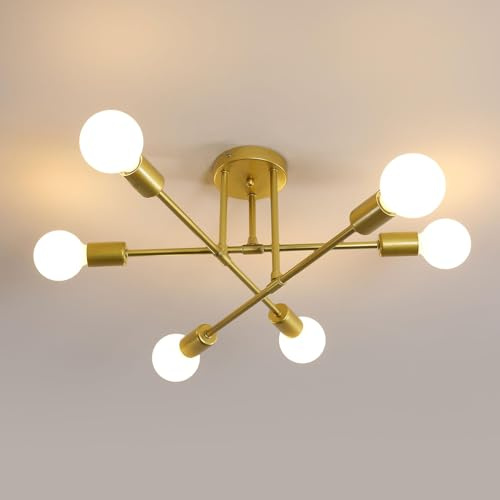 niuniaj Lámparas de Techo Retro,6 Luces Lámparas de Techo industriales,Plafon Sputnik E27,Lámpara de Araña Moderna para Dormitorio, Sala de Estar, Cocina, Comedor,Dorado(Sin Bombilla)