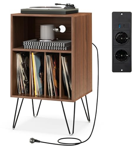 COSTWAY Meuble Tourne-Disque Vinyle avec Prise, Support Tourne-Disque pour Albums avec Station de Charge, 2 Prises, 1 USB,1 Type-C, Pieds en Métal, Table d’Appoint pour Salon Chambre (Noyer)
