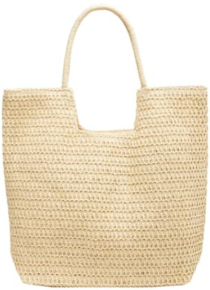 Afashor Woven Shoulder Bags for Women Beach Chic Tote Bag Leisure Vacation Hobo Bag with Zipper Closure Creamy White