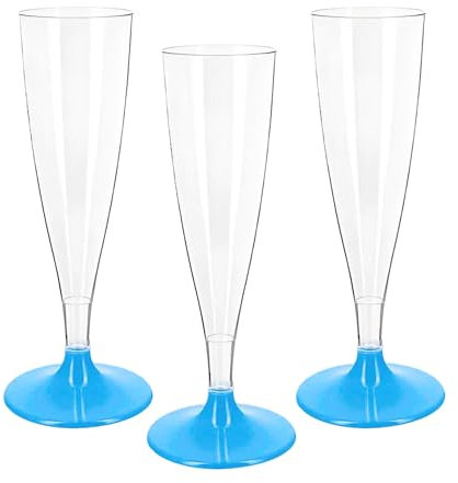 Perla - 48 Flute Plastica - Calici Plastica Rigida 120ml - Bicchieri da Champagne Trasparenti - Calice Lavabile e Riutilizzabile per Feste Matrimoni e Compleanni (Gambo Celeste)