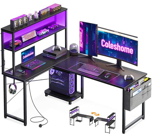 Coleshome L Shaped Gaming Desk with LED Lights & Power Outlet, 135 × 100 cm Reversible Computer Desk with Shelves, Corner Desks with Storage Bag & Hook for Home Office, Black