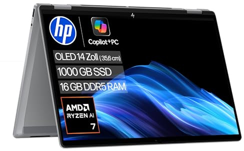HP OmniBook X Flip 2in1 Next Gen AI Laptop| AMD Ryzen AI 7 350 (8C) | dedizierte NPU für KI | 50 NPU Tops | Copilot+ PC | 14 3K 2880x1800 OLED-Touchscreen | 16GB | 1TB SSD | Win11 | QWERTZ | Silber