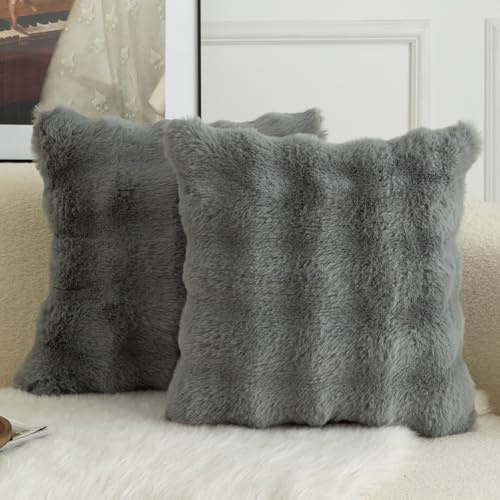 Mandioo Pack of 2 Cushion Covers 65cm x 65cm Decorative Thick Plush Wool Throw Pillow Covers cases for Sofa Bedroom Living Home 26 x 26 Inch Gray