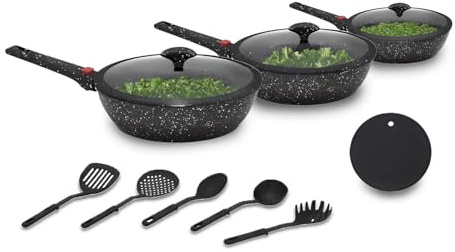 Avilia Non-stick-stekpannor i svart 12 delar – steneffekt med avtagbara handtag | Köksredskap med glaslock | Kan användas på induktion, gas och ugn
