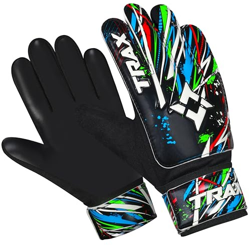 Trax Soccer Goalie Gloves for Kids Boys Children,Youth & Adult Football Goalkeeper Gloves with 4mm Latex Anti-Slip Strong Grip Palm (Black, Size 5 Suitable for 9-12 Years)