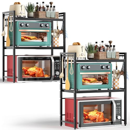 NETEL 2-Pack Expandable Microwave Shelf,3 Tier Microwave Stand with 8 Hooks,air fryer shelf stand,Microwave Oven Rack, Desktop Printer Shelf Rack, Bakers Rack,Kitchen Countertop Organiser Shelves