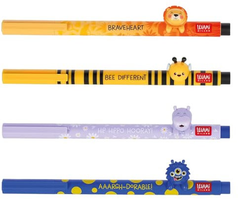 LEGAMI Bolígrafo de gel con forma de animal decorativo, extraíble y recombinable, evita rollos, punta fina de 0,5 mm, juego de 4 abejas, león, hipopótamo y monstruo (NUEVO)