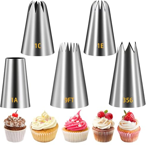 Auiremrti Set di Grandi Beccucci per Decorazione, Punte per Glassa in Acciaio Inossidabile, 5 Pezzi per Decorare Torte, Cupcake, Biscotti (1A 1E 1C 9FT 356)
