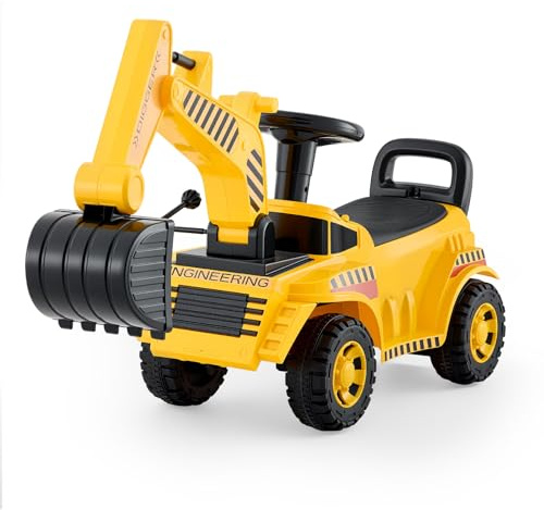 VEVOR Coche Correpasillos para Niños, Excavadora de Juguete de 1070 x 290 x 540 mm con Casco, Música y Pedales, Capacidad de Carga de 25 kg, Andador para Niños de 19 a 36 Meses, Amarillo