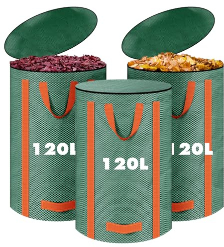 LUOJINYI Lot de 3 sacs à déchets de jardin de 120 L, stables, sacs à feuilles autoportants avec couvercle et poignées, sacs pour déchets de jardin réutilisables, sacs pour déchets verts